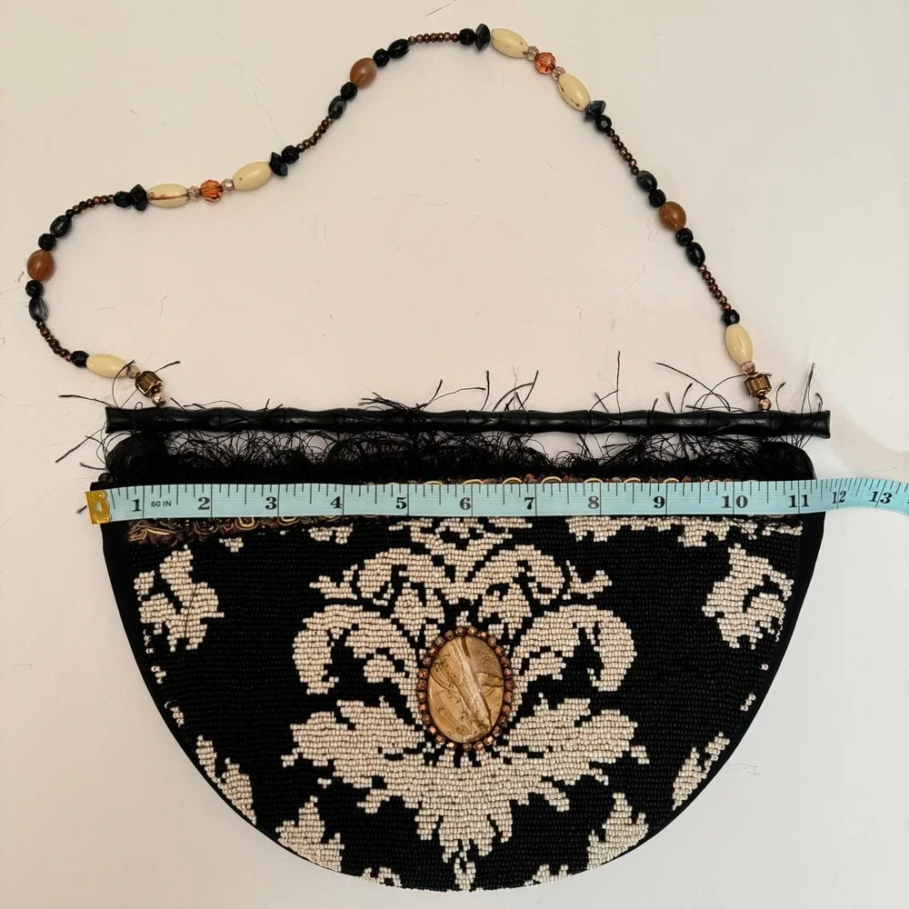 Mary Frances Fully Beaded Semi-Circle Clutch Bag Feather Trim Wood Handle - Picture 12 of 12